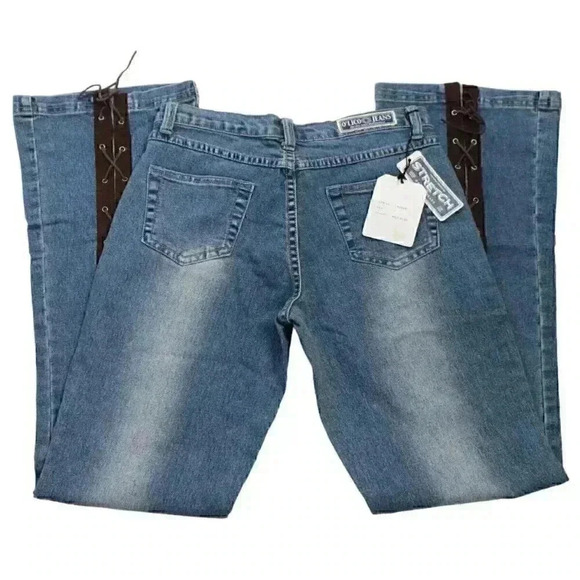 NWT Waist Size 29 Y2K Faux Suede Lace Up Flower Denim Flared Jeans Festival Boho - Picture 1 of 9
